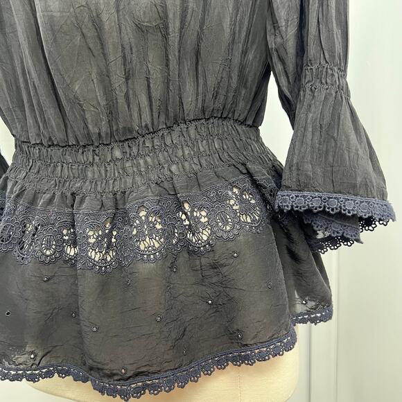 JohnnyWas Women's Sheer Blouse Black Lace Ruffle Neckline Button Down Size Small - Picture 12 of 16